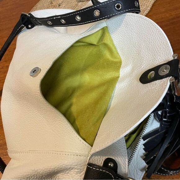 Cavalcanti Soft Leather Italian Shoulder Bag Purse With Black Tassels Off White - Picture 15 of 16